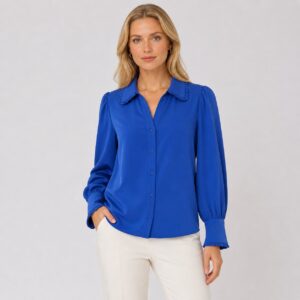 Adrianna Papell - Amparo Blue Ruffle V-Collar Knit Shirt