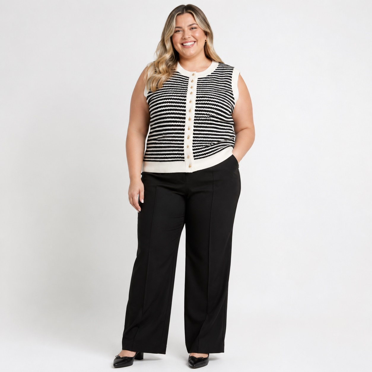 Adrianna Papell - Ivory-Black Sleeveless Sweater Vest - Image 1