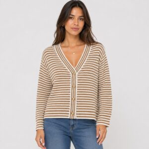 Adrianna Papell - Ivory-Camel Striped Cardigan Sweater