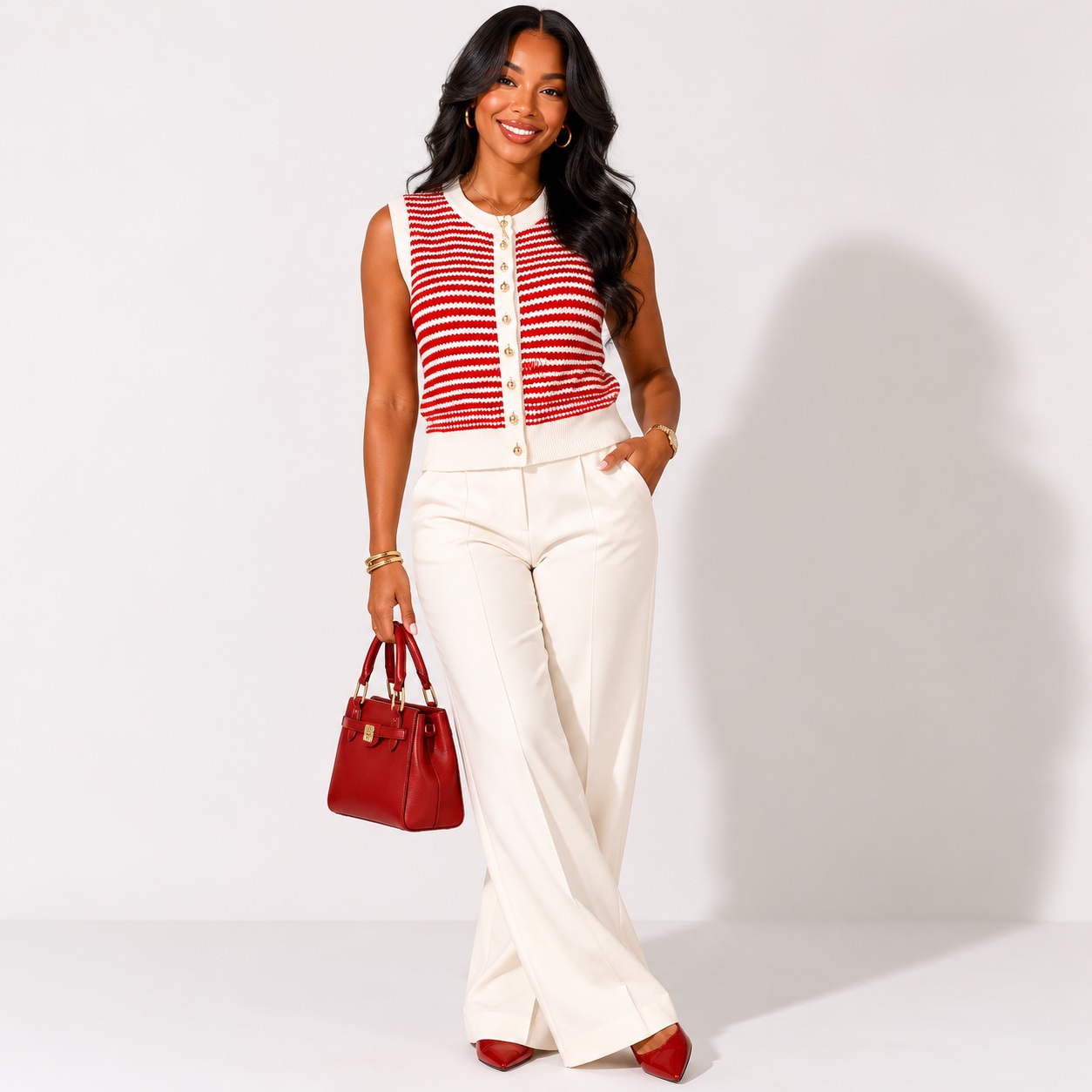Adrianna Papell - Ivory-Red Sleeveless Sweater Vest - Image 1
