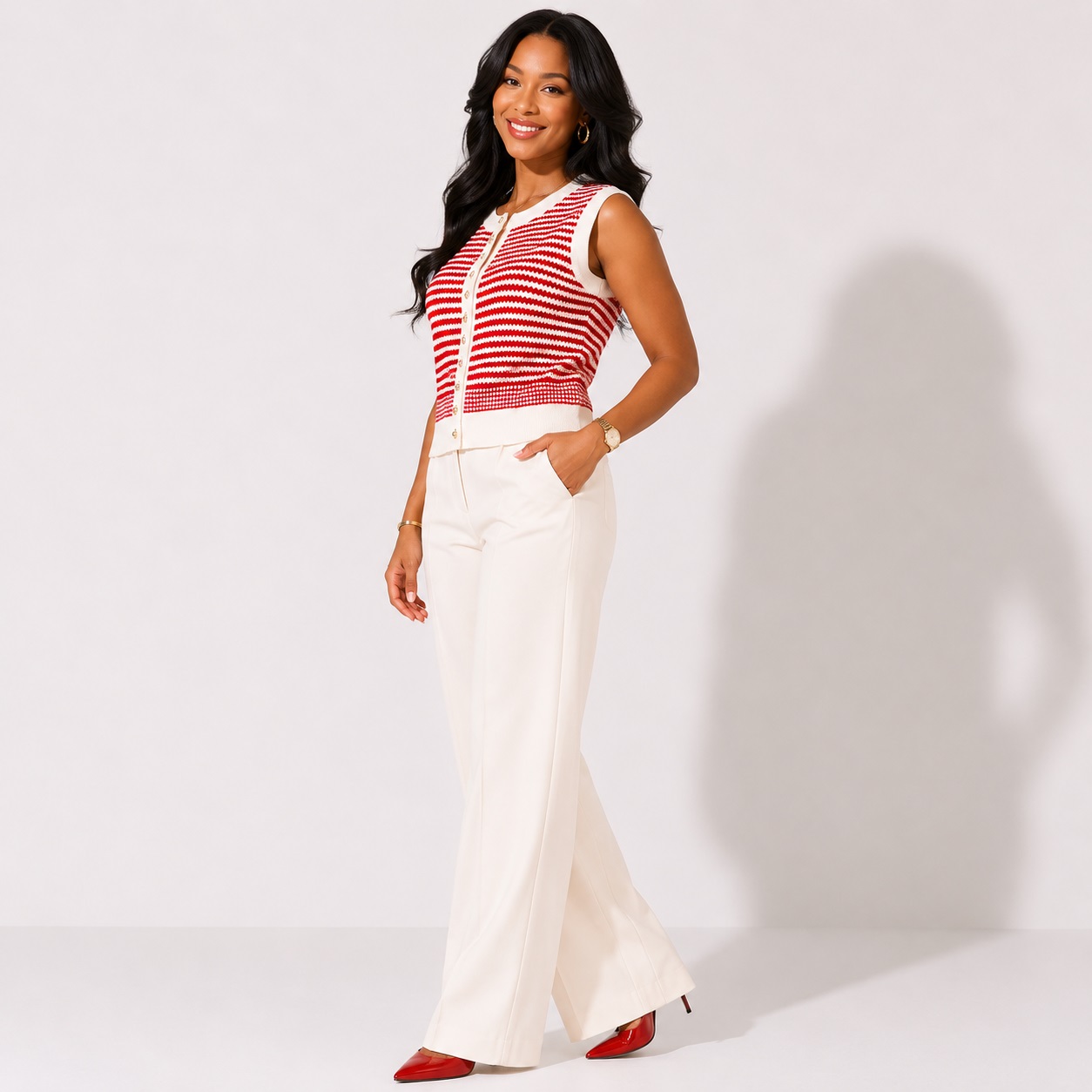 Adrianna Papell - Ivory-Red Sleeveless Sweater Vest - Image 6