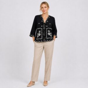 Adrianna Papell – Black Embroidered Tie Woven Top