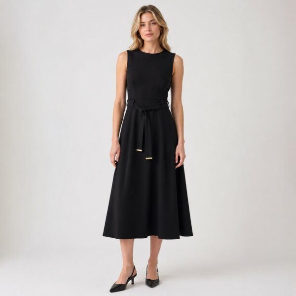 slim fit dress slacks Calvin Klein Black Sleeveless Sheath Dress with Textured Neckline – SilkRoll