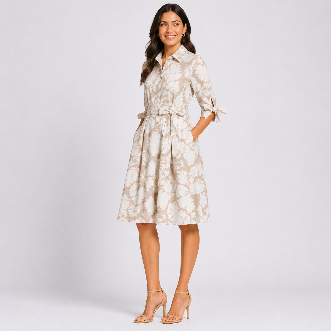 Calvin Klein - Beige-White 3/4 Sleeve Floral Dress - Image 1
