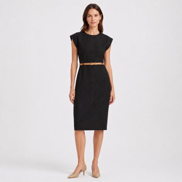 Calvin Klein - Black Belted Cap Sleeve Dress - Image 1