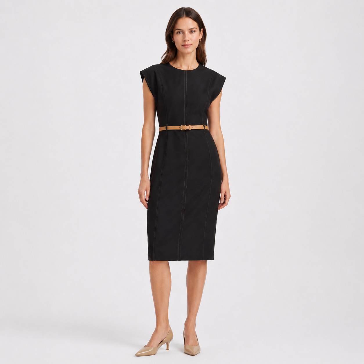 Calvin Klein - Black Belted Cap Sleeve Dress - Image 1