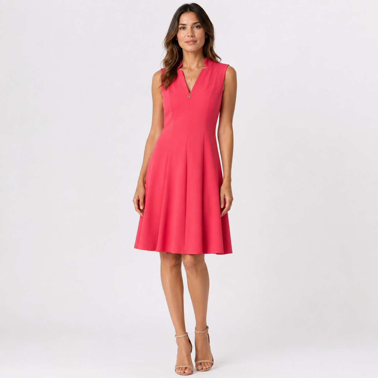 Calvin Klein - Coral V-Neck Hidden Front Zipper Dress - Image 1