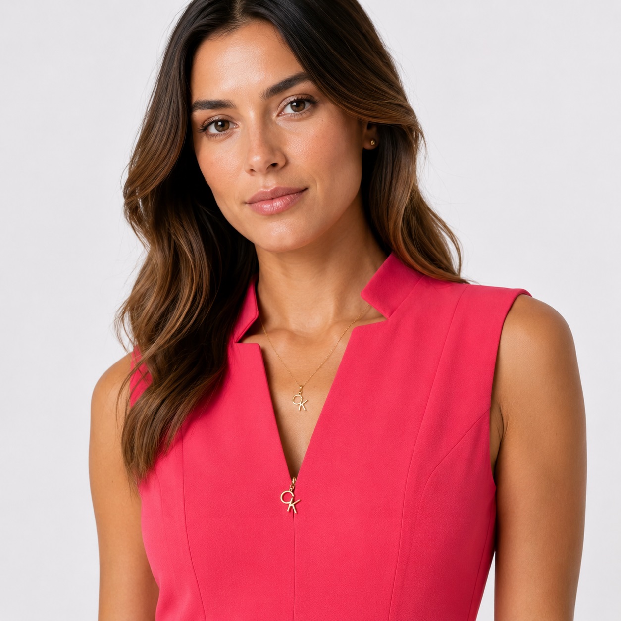 Calvin Klein - Coral V-Neck Hidden Front Zipper Dress - Image 3