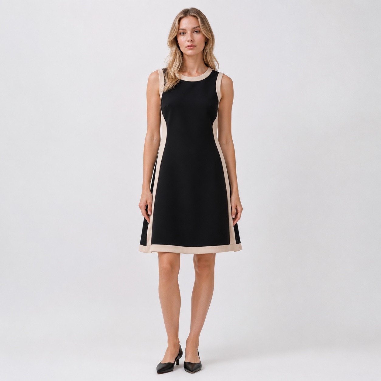 DKNY - Black-Beige Sleeveless Boat Neck Dress - Image 1