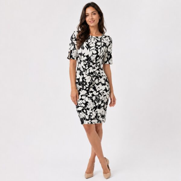 DKNY - Ivory-Black Floral Boat Neck Dress - Image 1