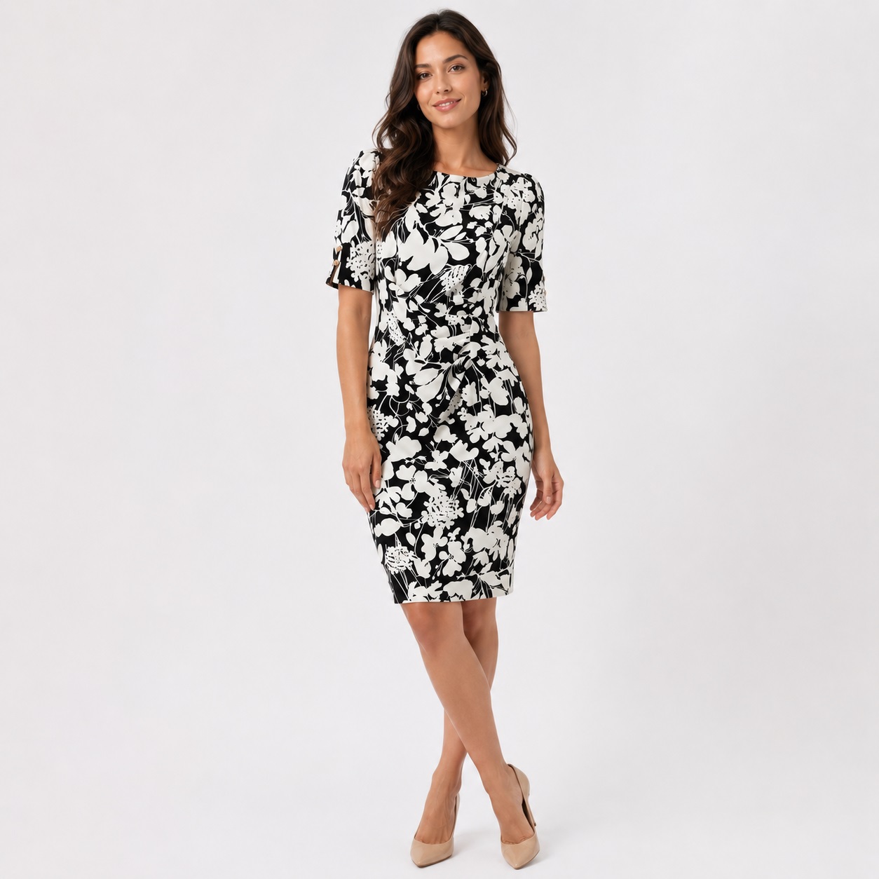 DKNY - Ivory-Black Floral Boat Neck Dress - Image 1