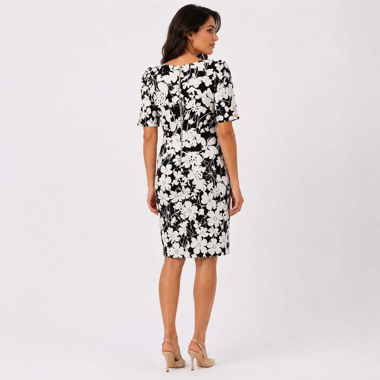DKNY - Ivory-Black Floral Boat Neck Dress - Image 2