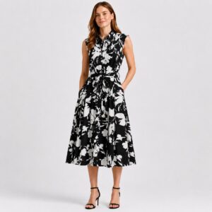 DNKY - Black-Ivory Floral Sleeveless Shirt Dress