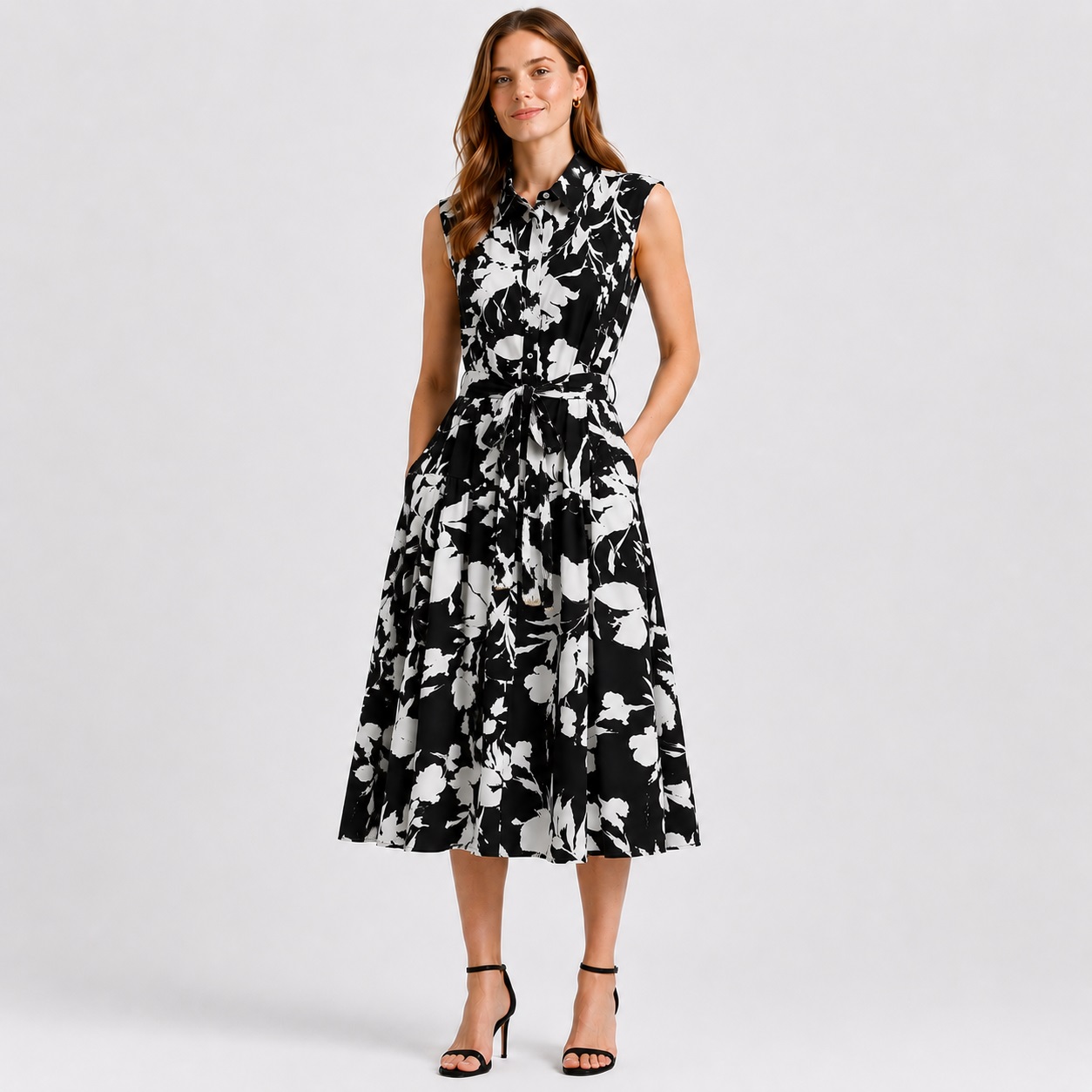 DNKY - Black-Ivory Floral Sleeveless Shirt Dress - Image 1