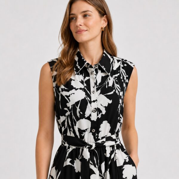 DNKY - Black-Ivory Floral Sleeveless Shirt Dress - Image 3