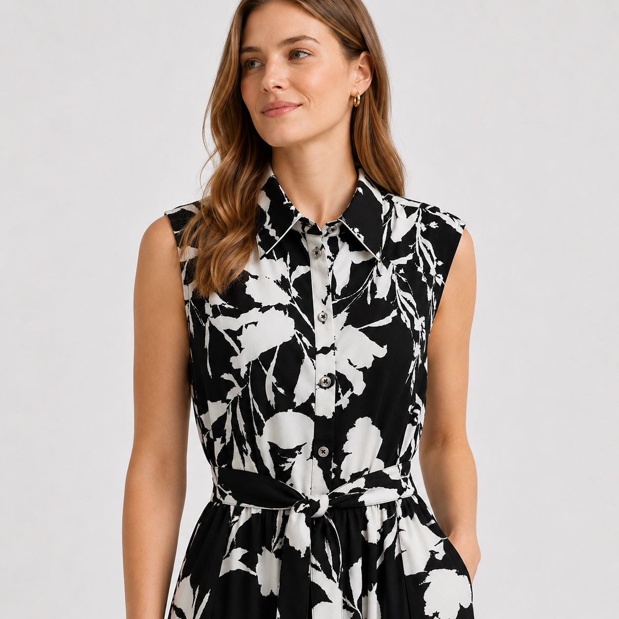 DNKY - Black-Ivory Floral Sleeveless Shirt Dress - Image 3