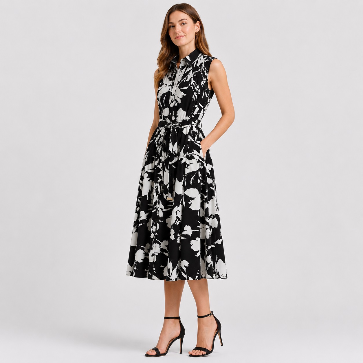 DNKY - Black-Ivory Floral Sleeveless Shirt Dress - Image 6