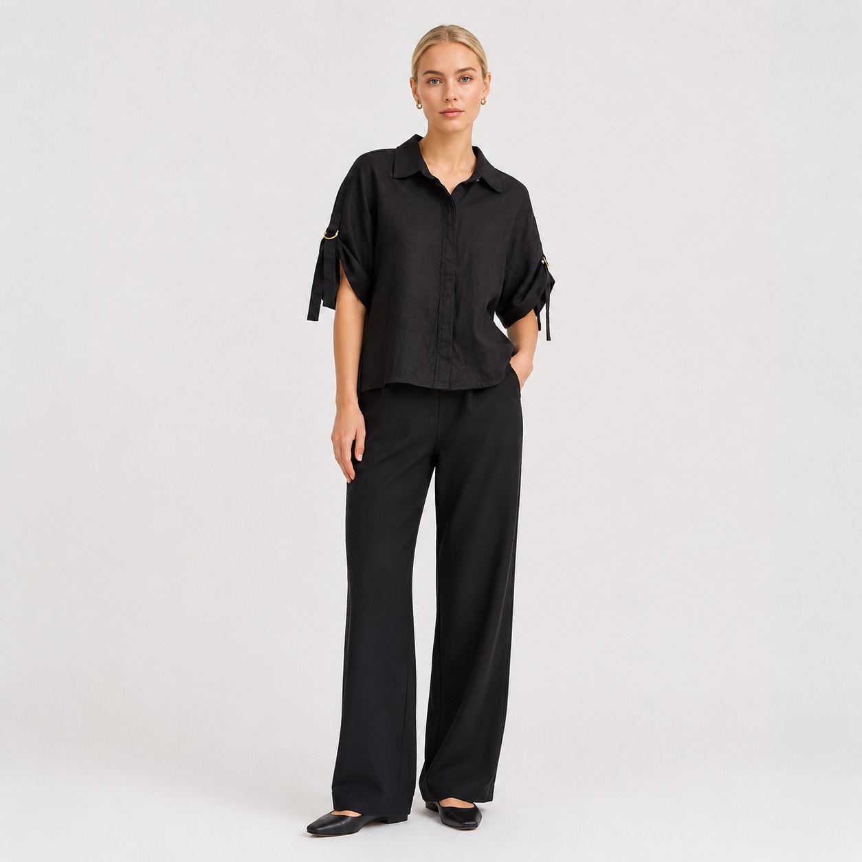 Michael Kors - Black Linen Hidden Button Shirt - Image 1