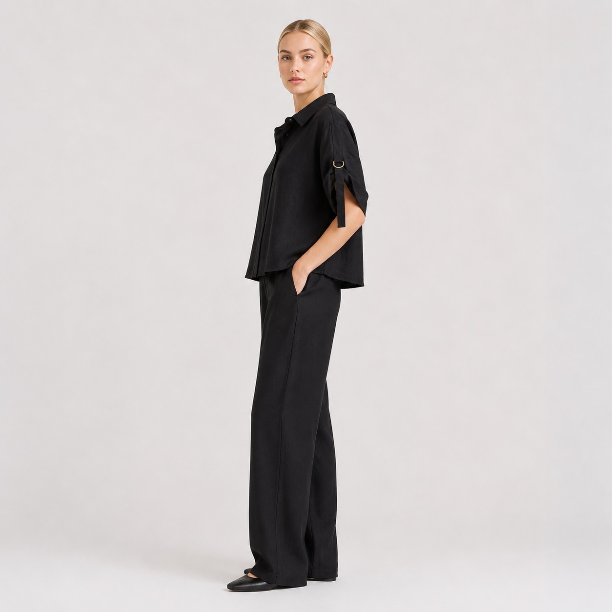 Michael Kors - Black Linen Hidden Button Shirt - Image 6