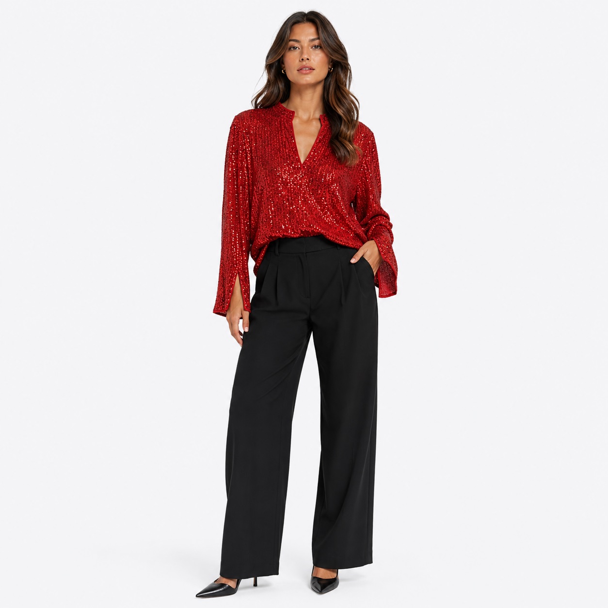 Vince Camuto - Red Sequin Long Sleeves Blouse - Image 1