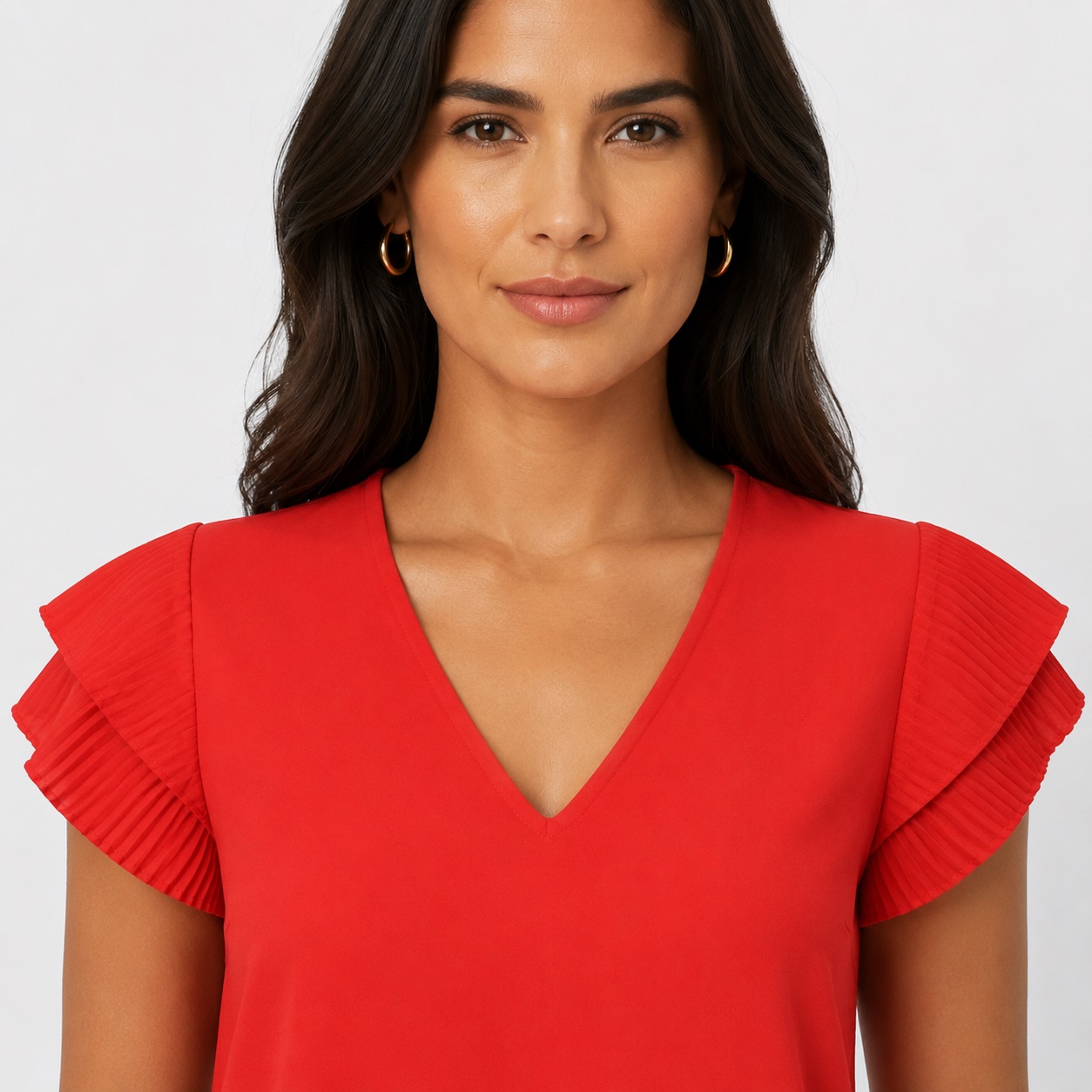 Adrianna Papell - Tomato Red Pleated Cap Sleeve Blouse - Image 2