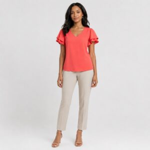 Calvin Klein - Peach V-Neck Ruffle Sleeve Top