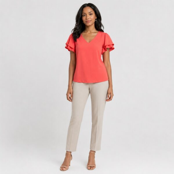 Calvin Klein - Peach V-Neck Ruffle Sleeve Top - Image 1