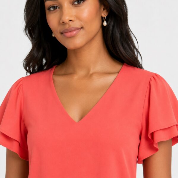 Calvin Klein - Peach V-Neck Ruffle Sleeve Top - Image 2