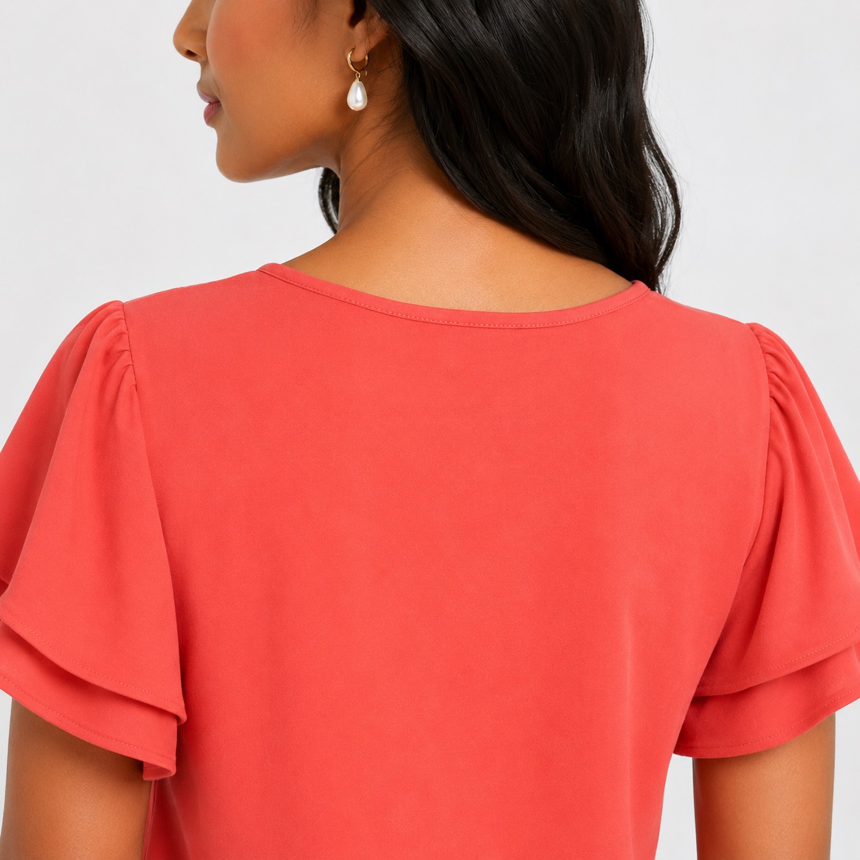 Calvin Klein - Peach V-Neck Ruffle Sleeve Top - Image 4