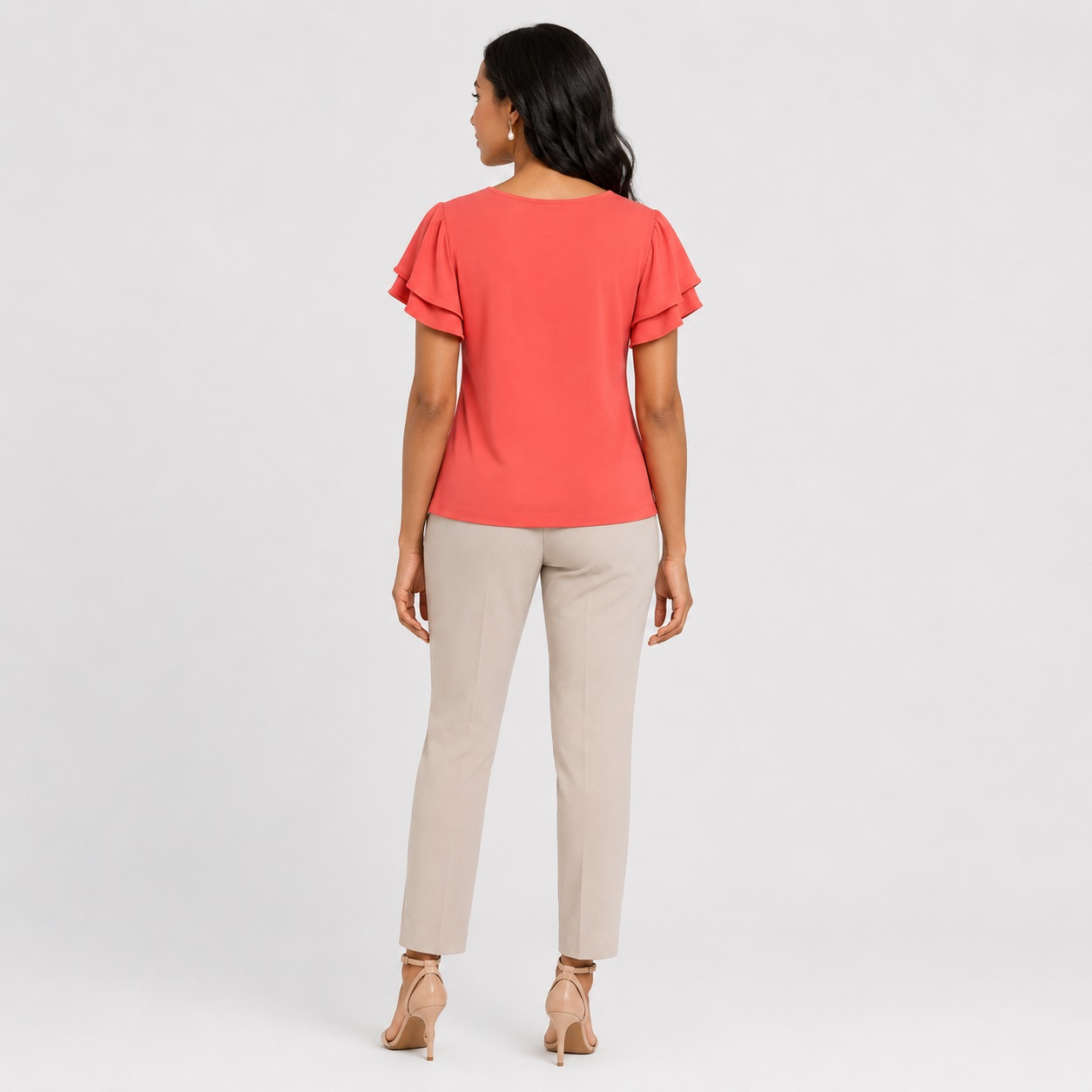 Calvin Klein - Peach V-Neck Ruffle Sleeve Top - Image 5