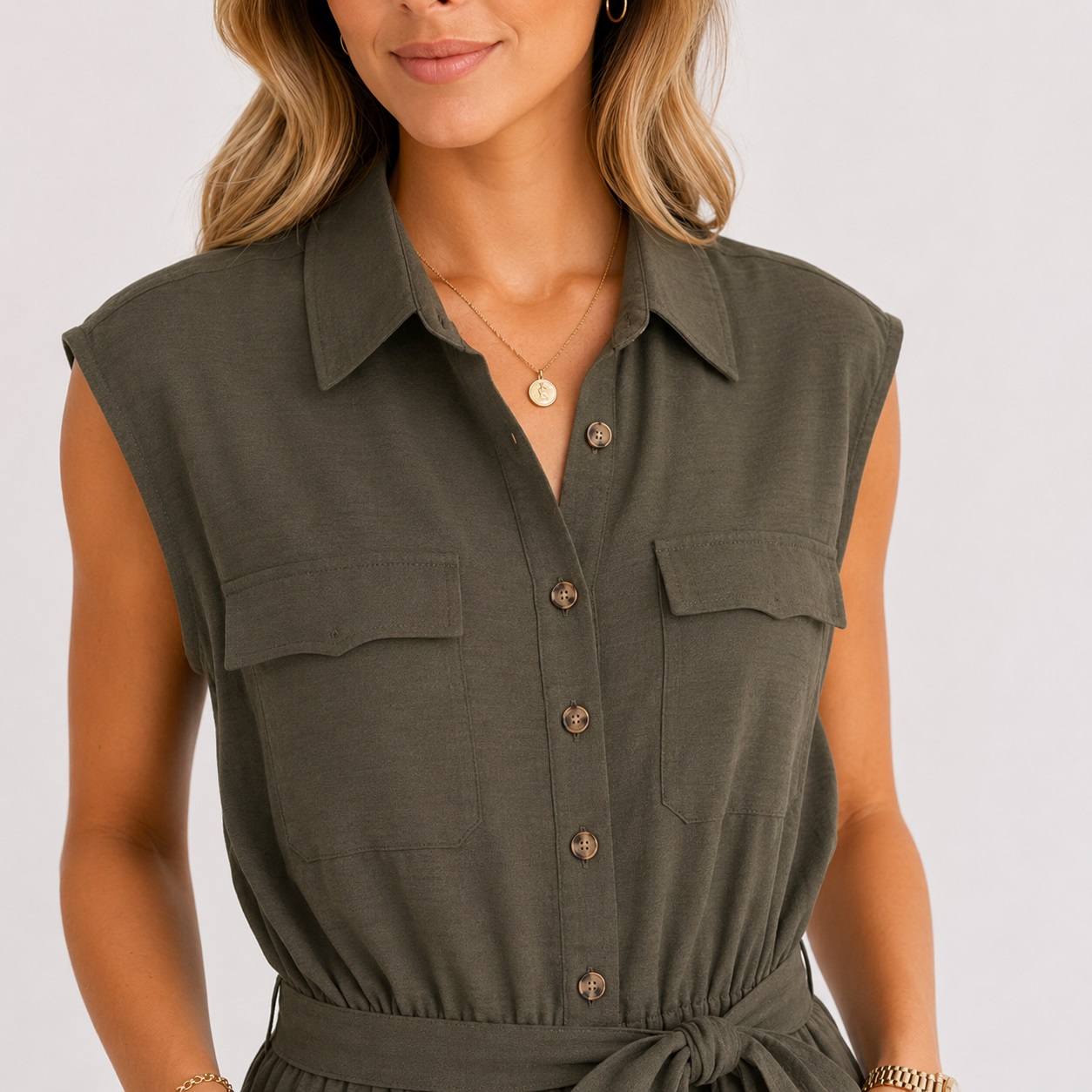 Calvin Klein - Sleeveless Deep Olive Button-Down Jumpsuit - Image 2