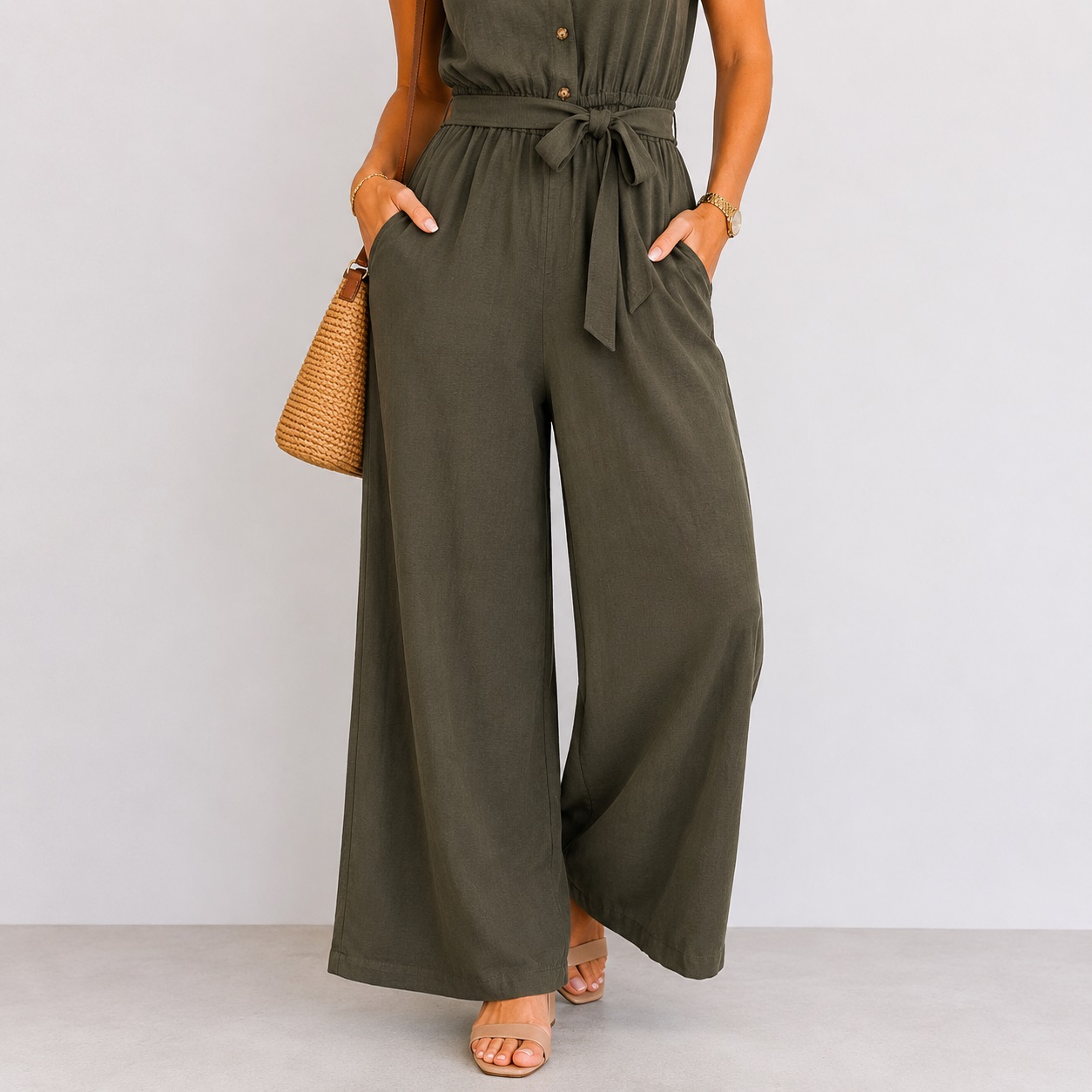 Calvin Klein - Sleeveless Deep Olive Button-Down Jumpsuit - Image 3