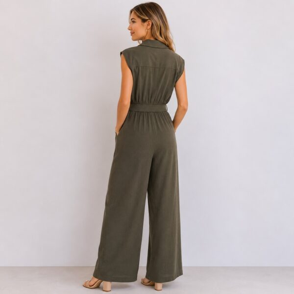 Calvin Klein - Sleeveless Deep Olive Button-Down Jumpsuit - Image 5