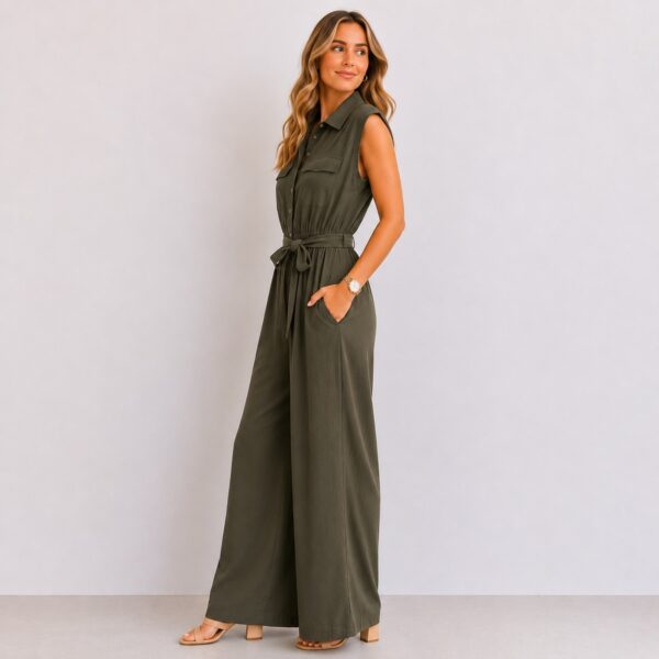 Calvin Klein - Sleeveless Deep Olive Button-Down Jumpsuit - Image 6