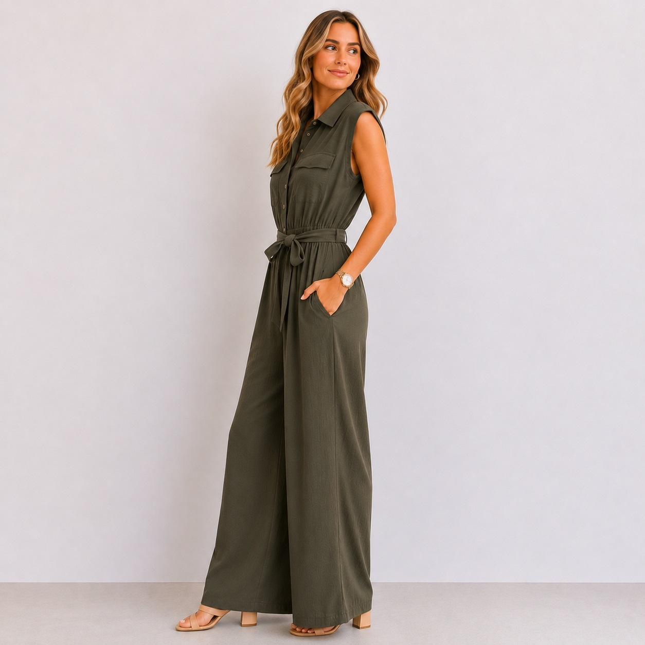 Calvin Klein - Sleeveless Deep Olive Button-Down Jumpsuit - Image 6