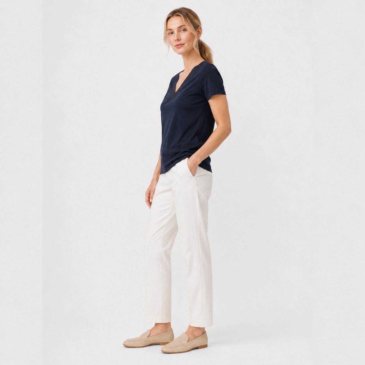 Tommy Hilfiger - Navy Lace V-Neckline T-Shirt - Image 6